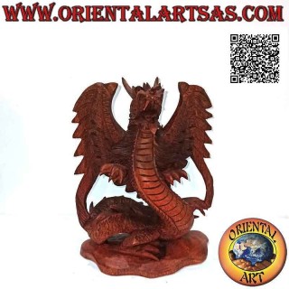 Geflügelte Drachenskulptur mit ausgebreiteten Flügeln, handgeschnitzt aus Suarholz von 22 cm