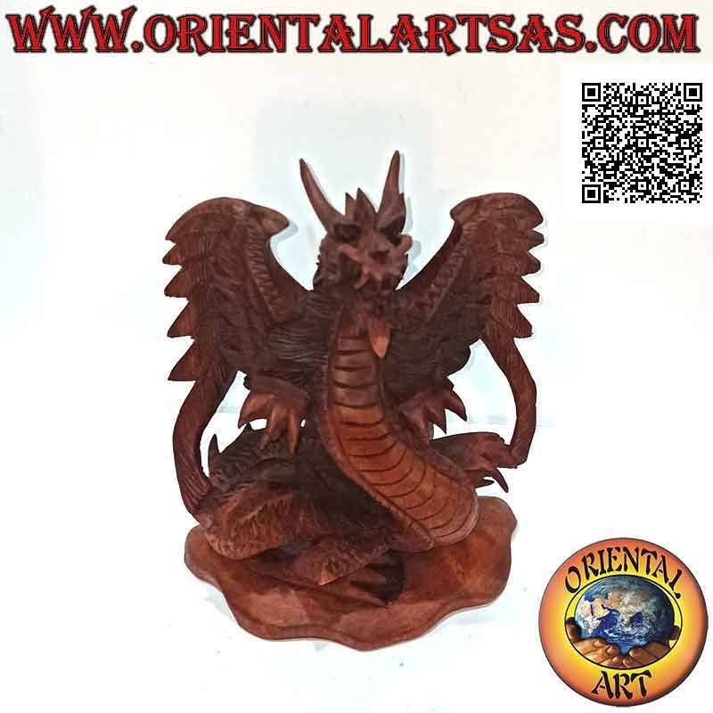 Winged dragon sculpture with spread wings hand carved in suar wood of 22 cm
