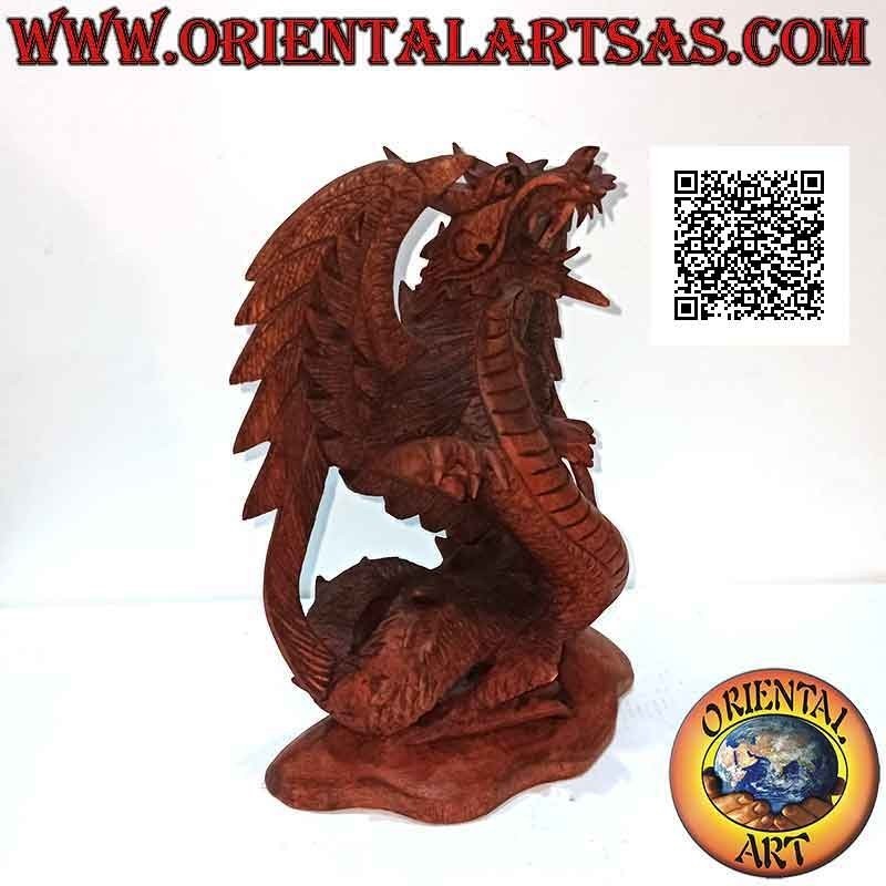 Scultura drago alato ad ali spiegate intagliato a mano in legno di suar da 22 cm