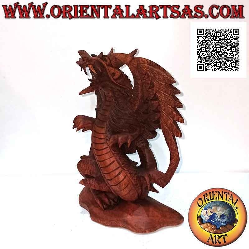 Sculpture dragon ailé aux ailes déployées sculpté à la main en bois de suar de 22 cm