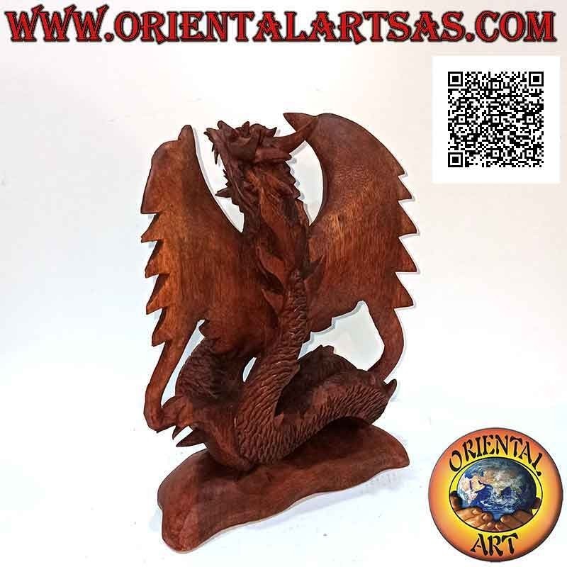 Scultura drago alato ad ali spiegate intagliato a mano in legno di suar da 22 cm
