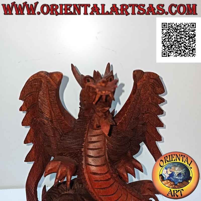 Winged dragon sculpture with spread wings hand carved in suar wood of 22 cm