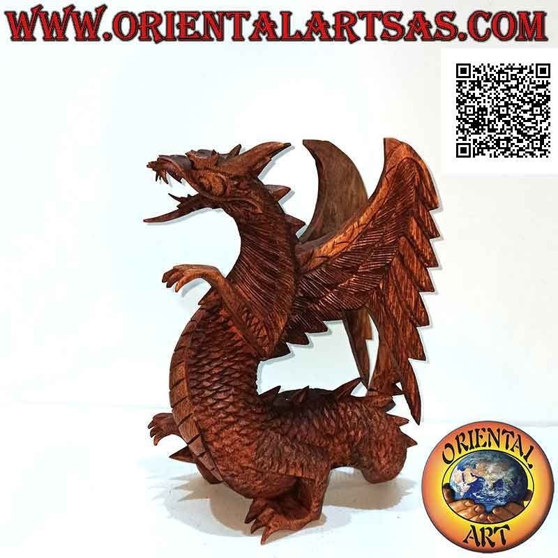 Escultura de dragón alado andante tallada a mano en madera de suar de 27 cm