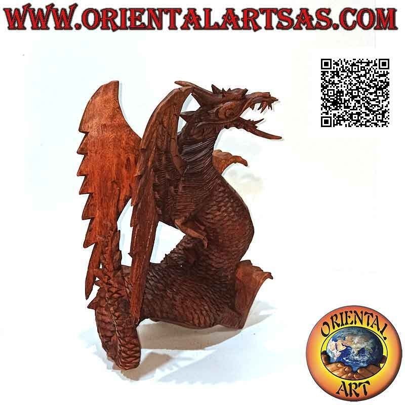 Sculpture dragon ailé marchant sculpté à la main en bois de suar mesurant 27 cm