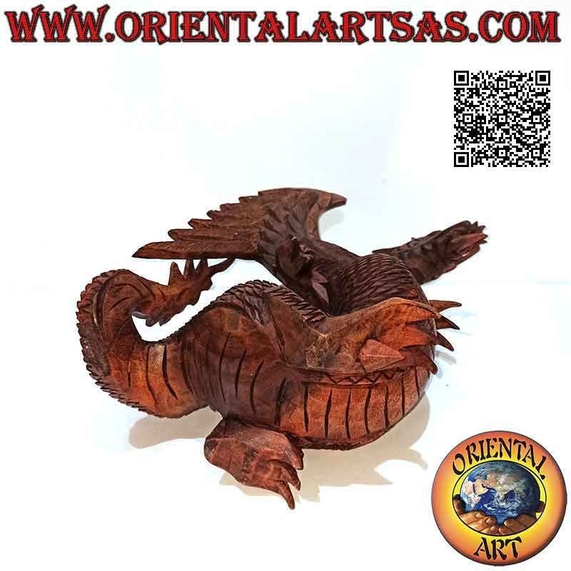Scultura drago alato in cammino intagliato a mano in legno di suar da 27 cm