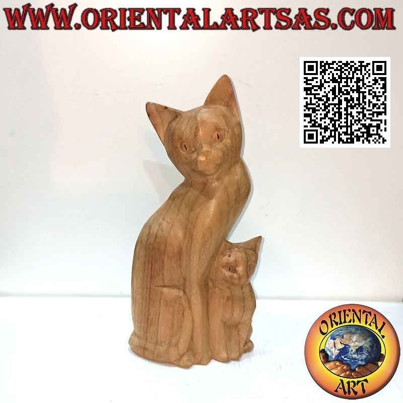 25 cm balsa wood cat and puppy sculpture