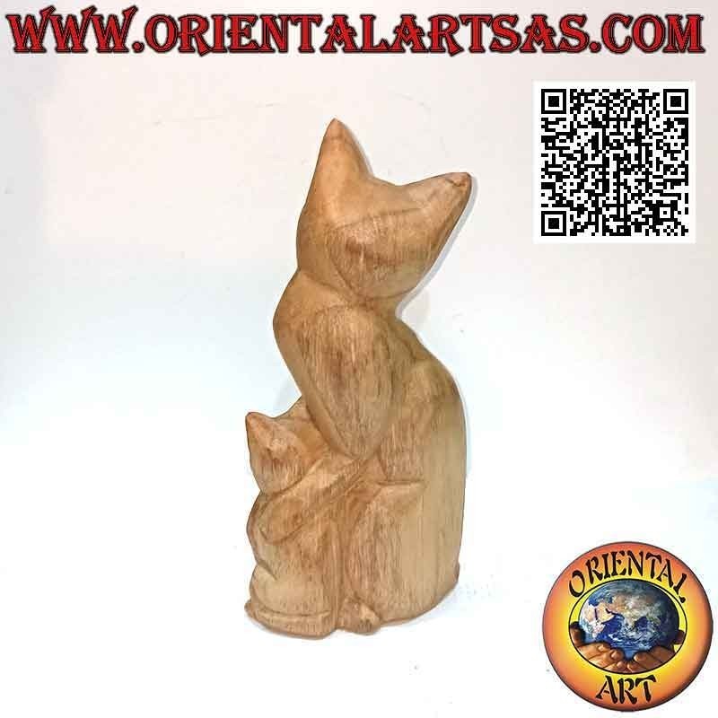 Scultura la gatta e il cucciolo in legno di pino da 25 cm
