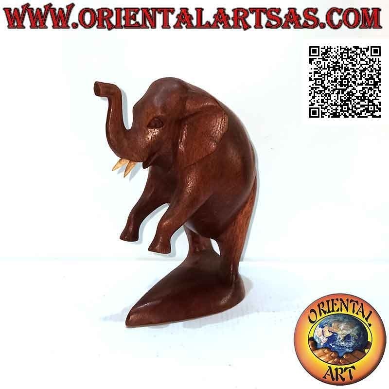 Escultura de elefante africano a dos patas con trompa hacia arriba, en madera de suar (17 cm)