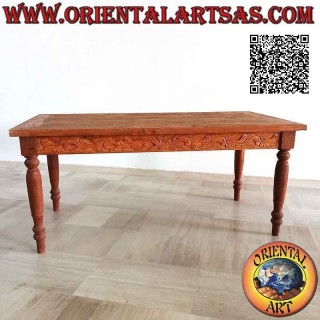 Mesa rectangular con dos cajones y decoración floral tallada en 3 lados en madera de teca (180 * 90)