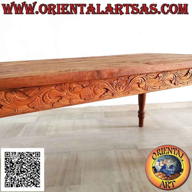 Rectangular table with two drawers and floral decoration carved on 3 sides in teak wood (180 * 90)
