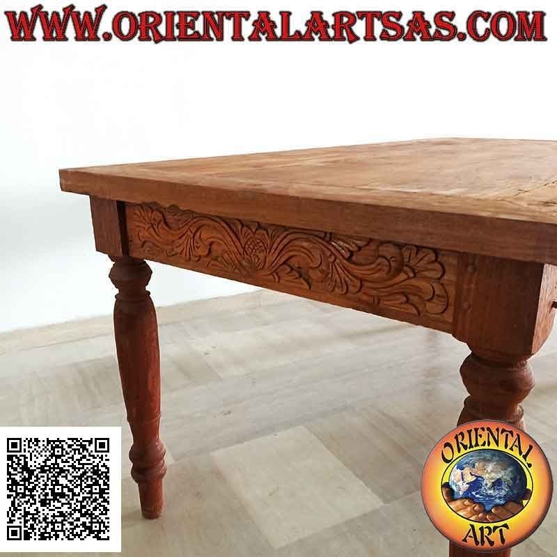 Rectangular table with two drawers and floral decoration carved on 3 sides in teak wood (180 * 90)