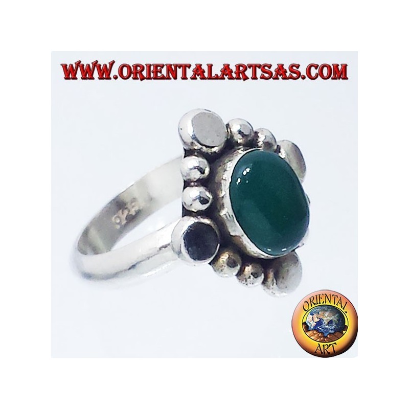 Silver ring with oval green agate cabochon