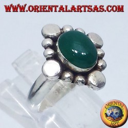 Silver ring with oval green agate cabochon