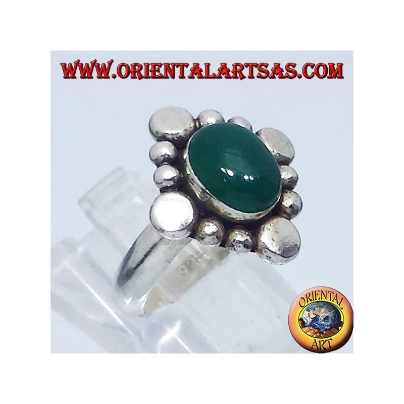 Silver ring with oval green agate cabochon