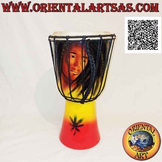 Djembé bongo "Décor Jamaïque Bob Marley" 40 cm, peint à la main, en bois d'acajou et cuir de chèvre