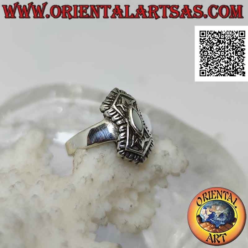 Silver ring with shuttle mother-of-pearl on decorated double pentagon with mirror
