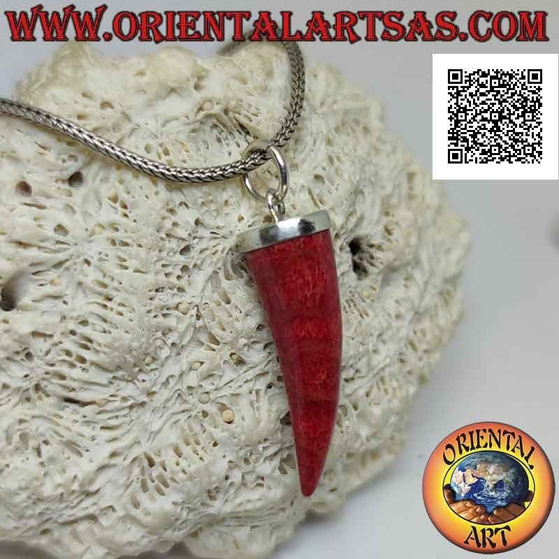 Ciondolo in argento a corno "portafortuna" di madrepora rossa (corallo) con cappuccio liscio