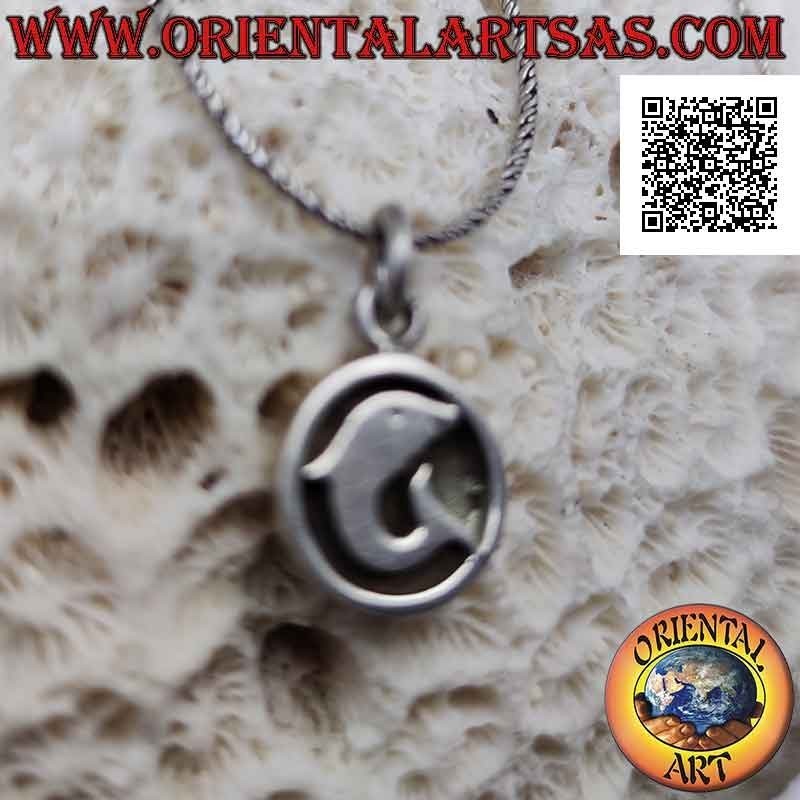 Silver pendant, smooth dolphin in profile on round bas-relief medal