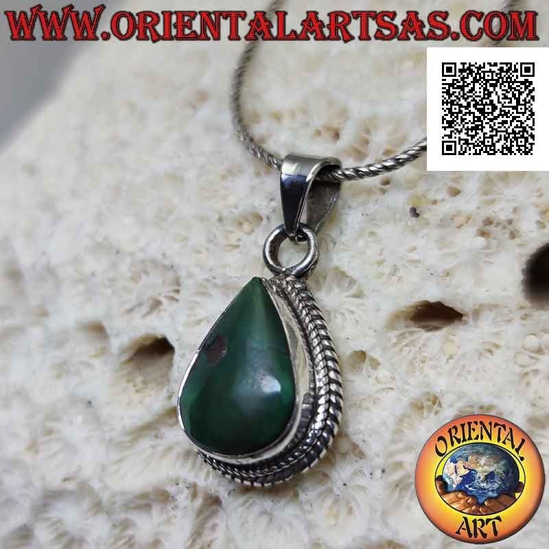 Ciondolo in argento con turchese antico tibetano naturale a goccia contornato da doppio intreccio