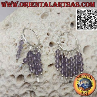 Pendientes de plata, círculo liso de 20 mm con 5 hileras de cristales de amatista colgantes