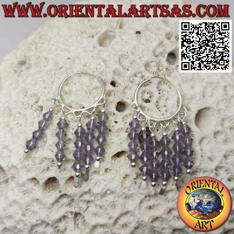 Orecchini in argento, cerchio liscio da 20 mm con 5 file di cristalli ametista pendenti