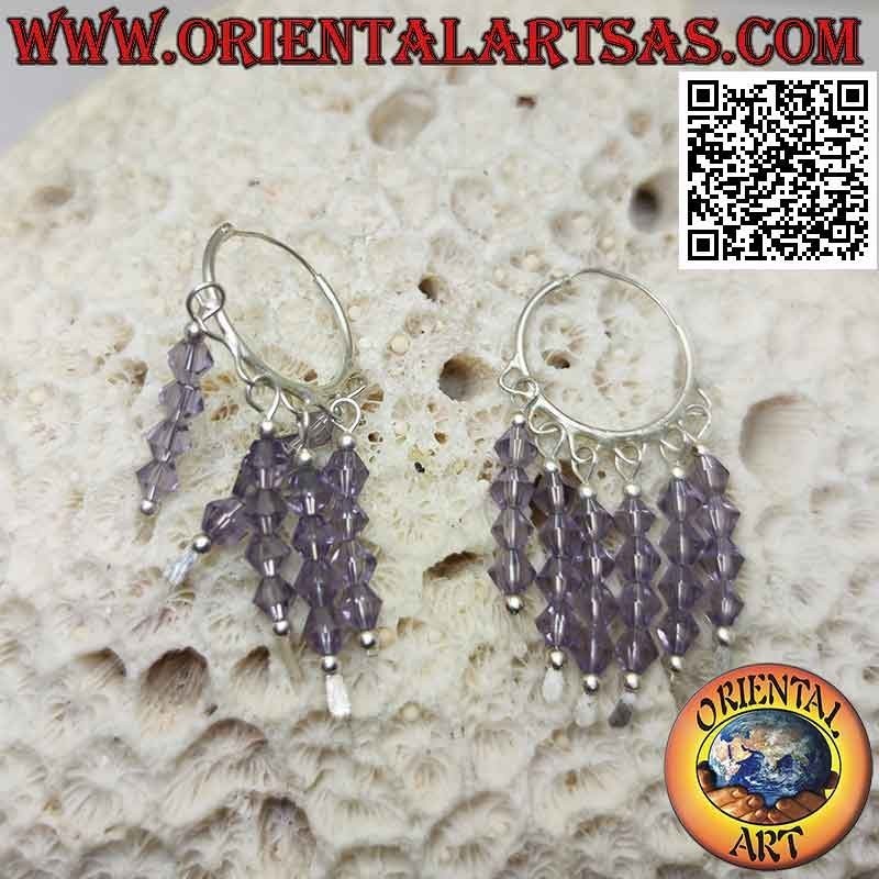 Silver earrings, 20 mm smooth circle with 5 rows of hanging amethyst crystals