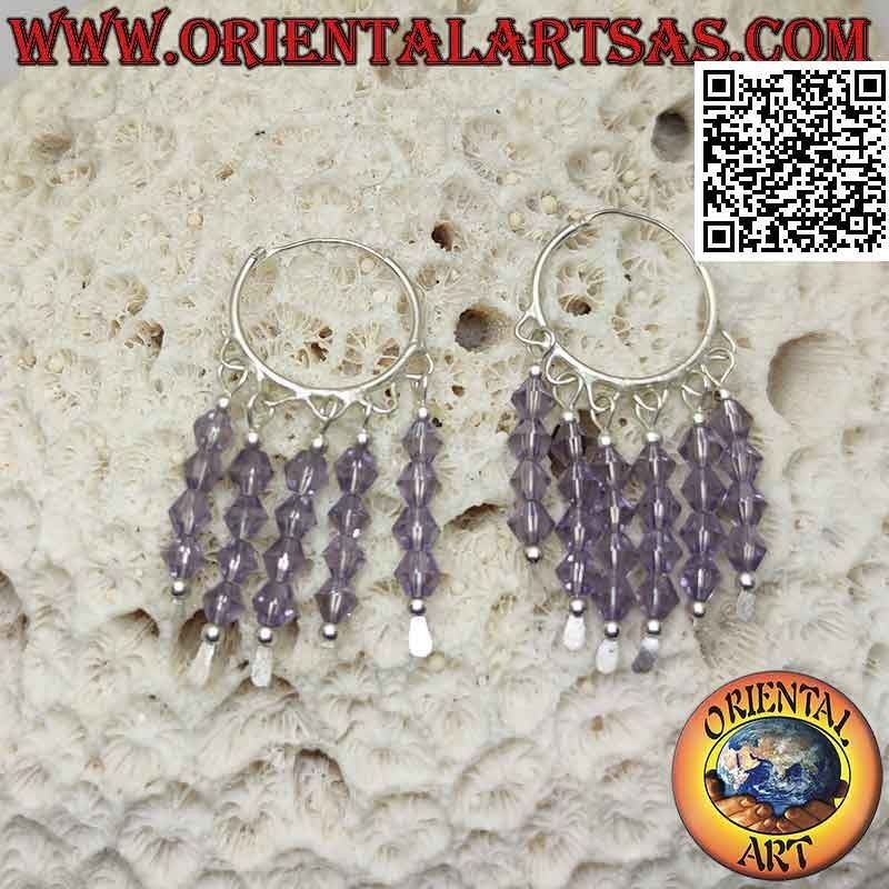 Orecchini in argento, cerchio liscio da 20 mm con 5 file di cristalli ametista pendenti