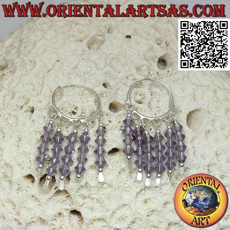 Pendientes de plata, círculo liso de 20 mm con 5 hileras de cristales de amatista colgantes