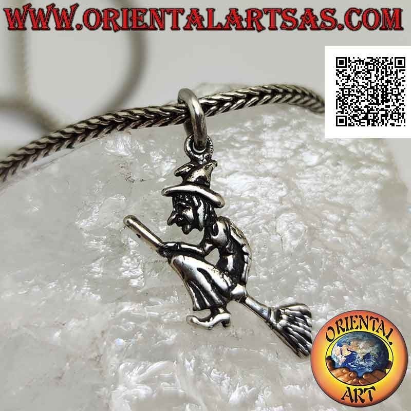 Silver pendant, the befana witch on the flying broom in profile (double-sided)