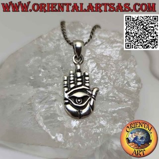 Colgante de plata, mano con ojo en la palma en relieve