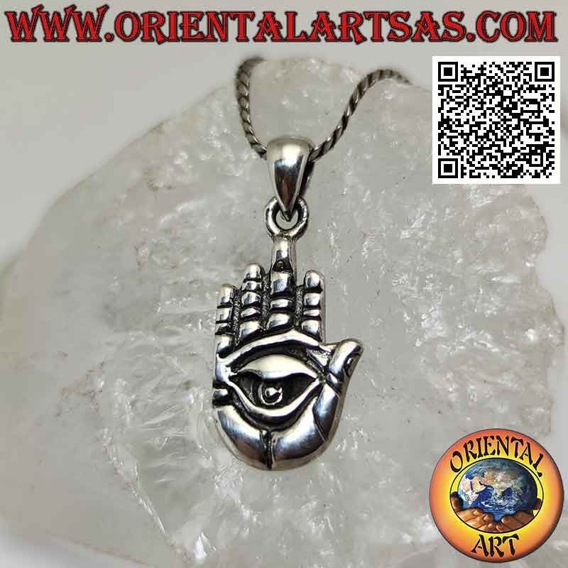 Pendentif en argent, main avec oeil sur la paume en relief