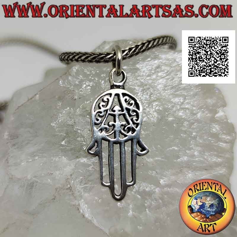 Ciondolo in argento, mano di Fatima o Hamsa traforata con decorazione sul palmo (media)