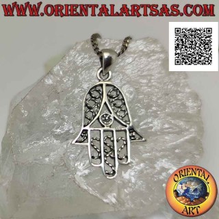 Silver pendant, hand of Fatima or Hamsa entirely perforated and decorated with braided thread