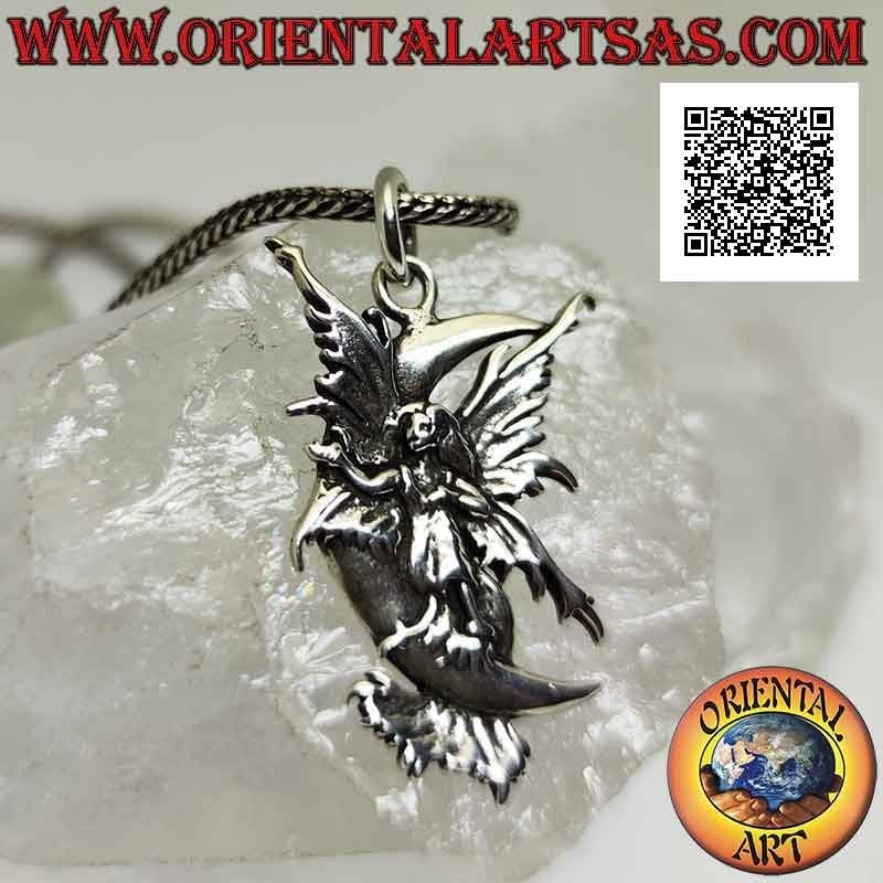Silver pendant, the fairy with outstretched wings on the crescent moon