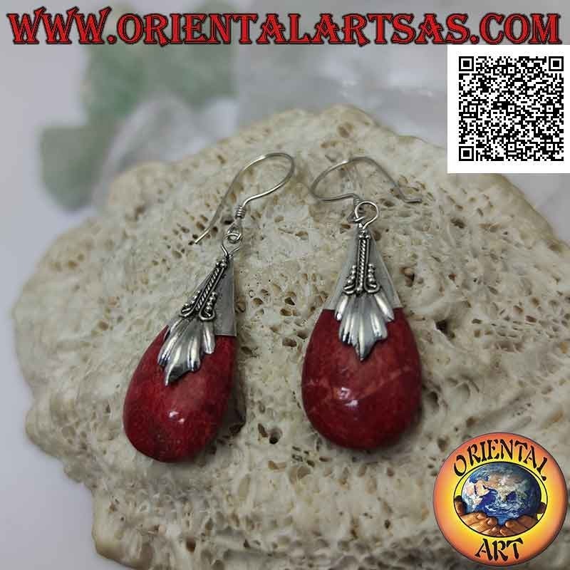 Three-dimensional drop earrings in coral coral (red) and decorated hook
