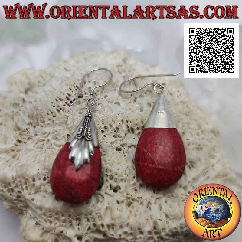 Boucles d'oreilles pendantes tridimensionnelles en corail corail (rouge) et crochet décoré