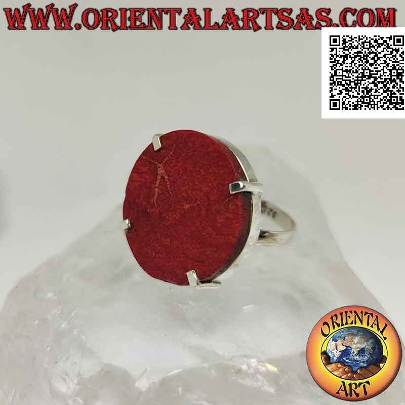 Silver ring with round red madrepora (coral) set at four (adjustable)