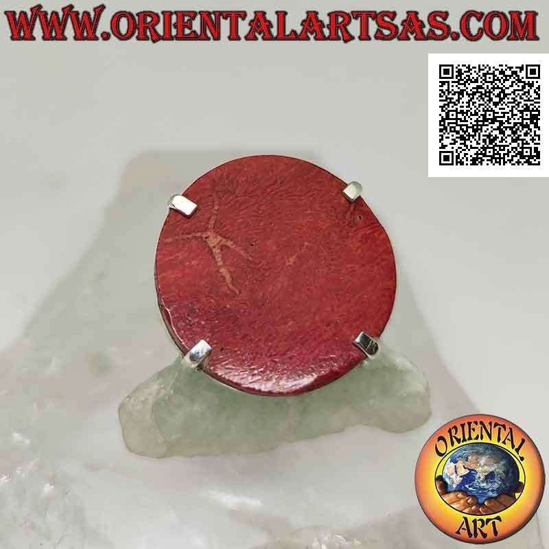 Bague en argent avec madrepora rouge rond (corail) sertie à quatre (réglable)
