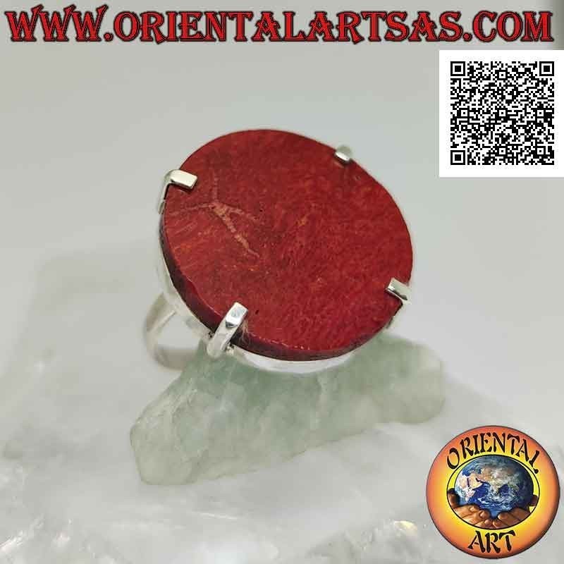Anello in argento con madrepora rossa (corallo) tonda incastonata a quattro (regolabile)