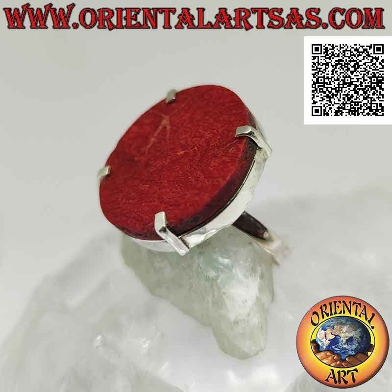 Anillo de plata con madrepora roja redonda (coral) engastado en cuatro (ajustable)