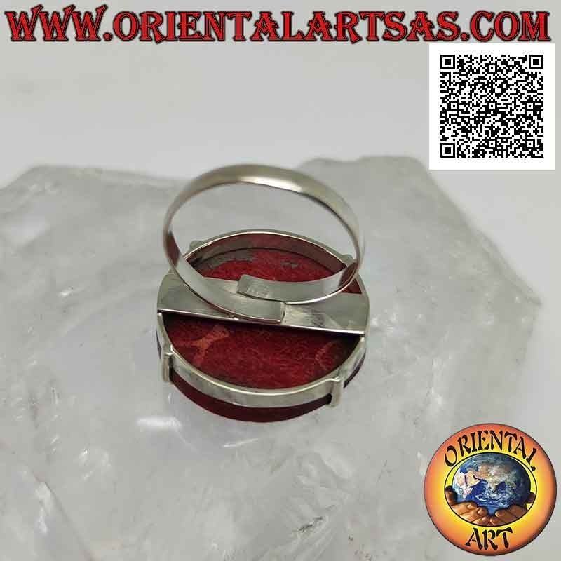 Anillo de plata con madrepora roja redonda (coral) engastado en cuatro (ajustable)