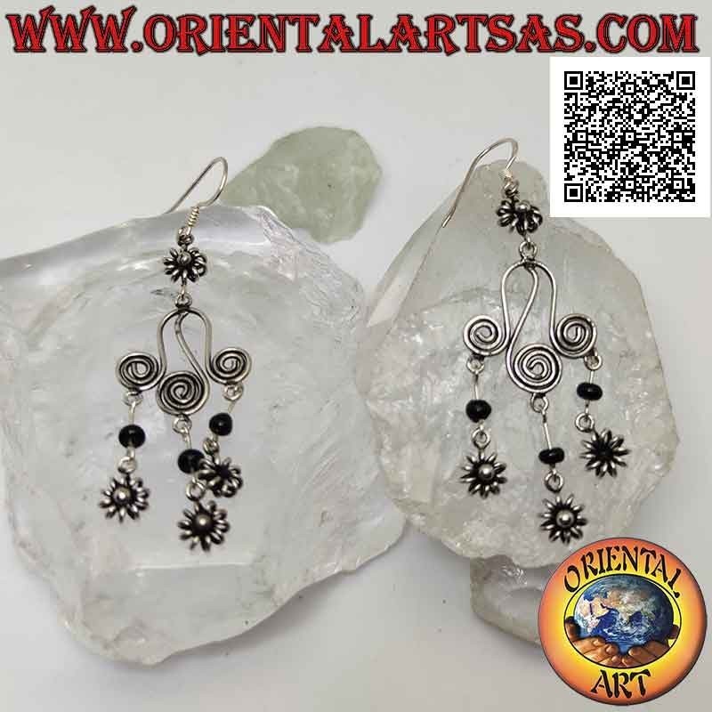 Silver leverback earrings with flower and trio of spirals, onyx sphere and hanging flowers