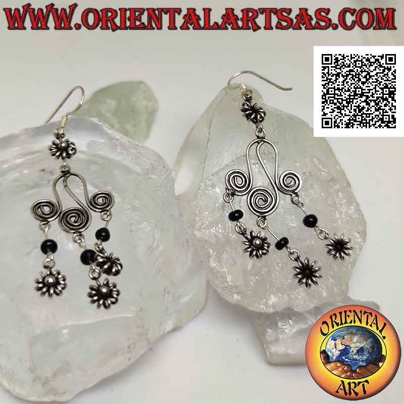Silver leverback earrings with flower and trio of spirals, onyx sphere and hanging flowers
