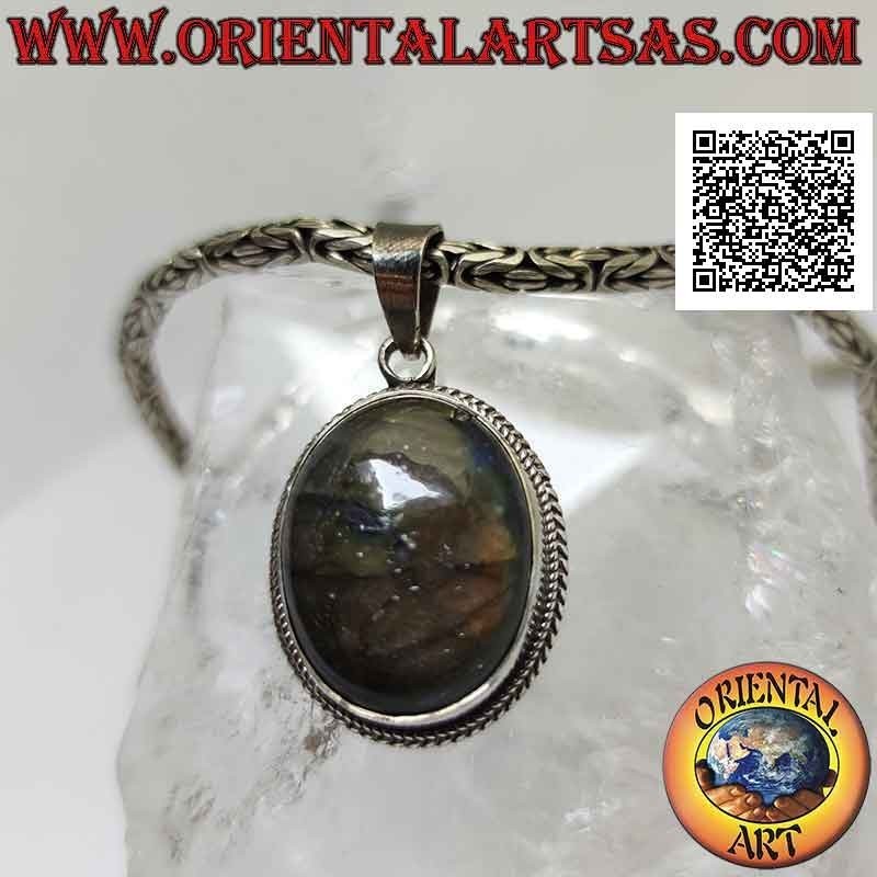 Pendentif en argent avec grand cabochon ovale labradorite entouré de tissage (b)