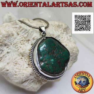 Pendentif argent antique turquoise tibétaine irrégulière naturelle entourée entrelaçant