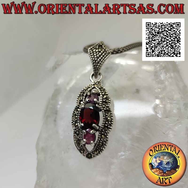 Silver pendant, garnet between natural oval rubies set with a marcasite frame
