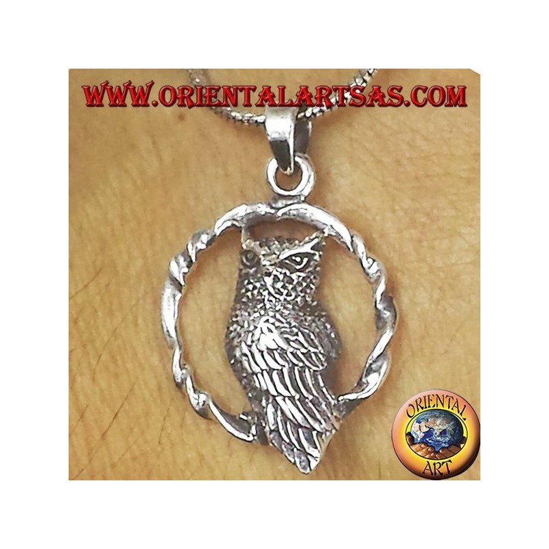 pendentif en argent, hibou dans le cercle