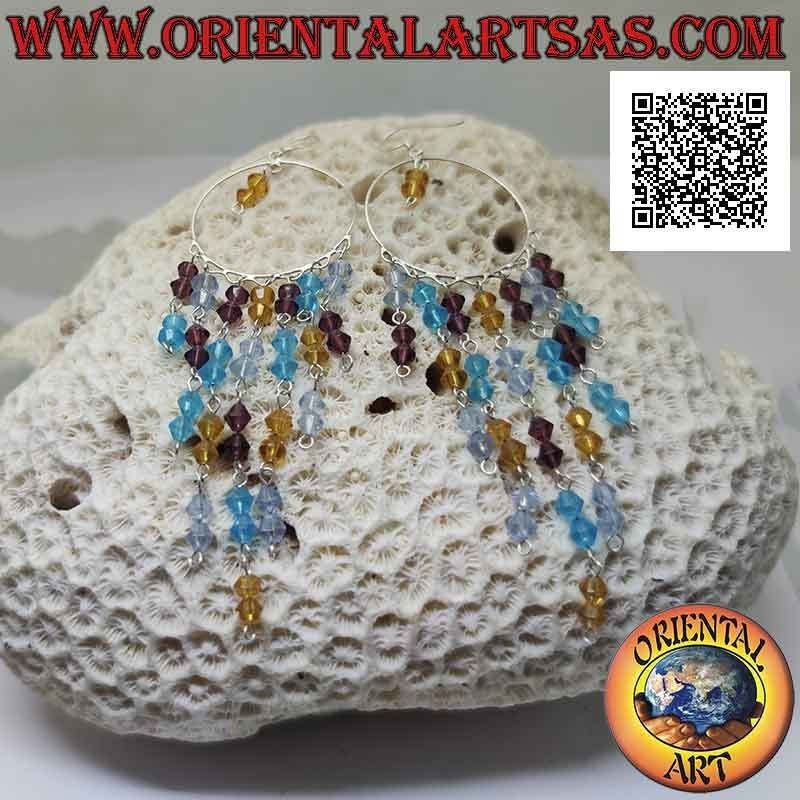 Pendientes de plata, círculo de 32 mm con una serie de cristales de colores colgantes