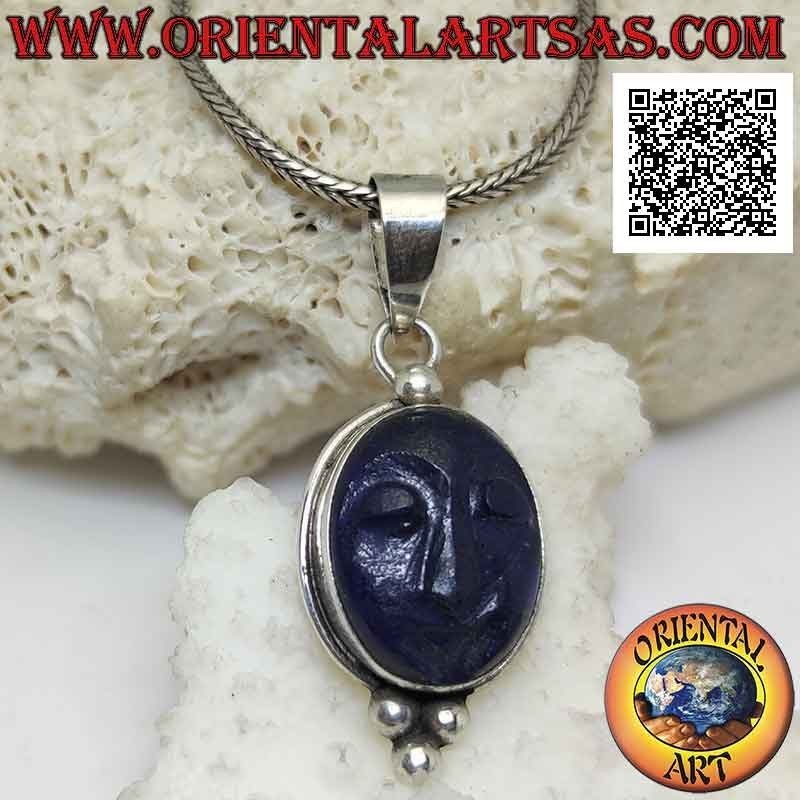 Silberner Anhänger, natürliche ovale Lapislazuli-Kamee mit glattem Rand und Trio von Kugeln darunter