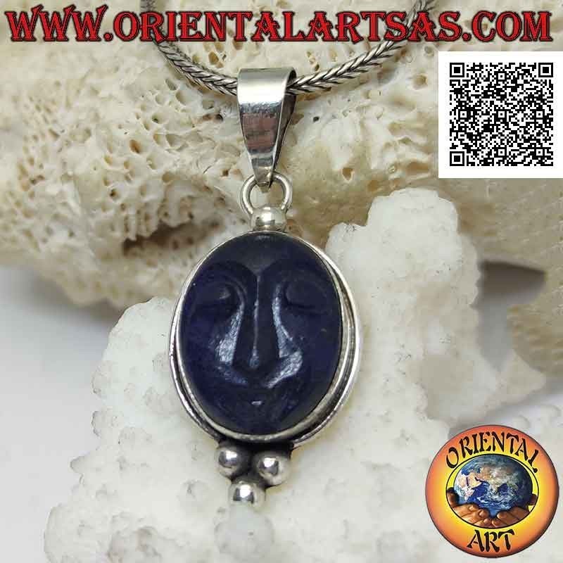 Colgante de plata, camafeo de lapislázuli ovalado natural con borde liso y trío de bolas debajo